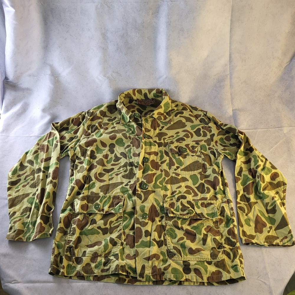 VTG 60s 70s Sz S Caliber Sportsmans Apparel Canvas Duck Camo Button Shirt Hunt